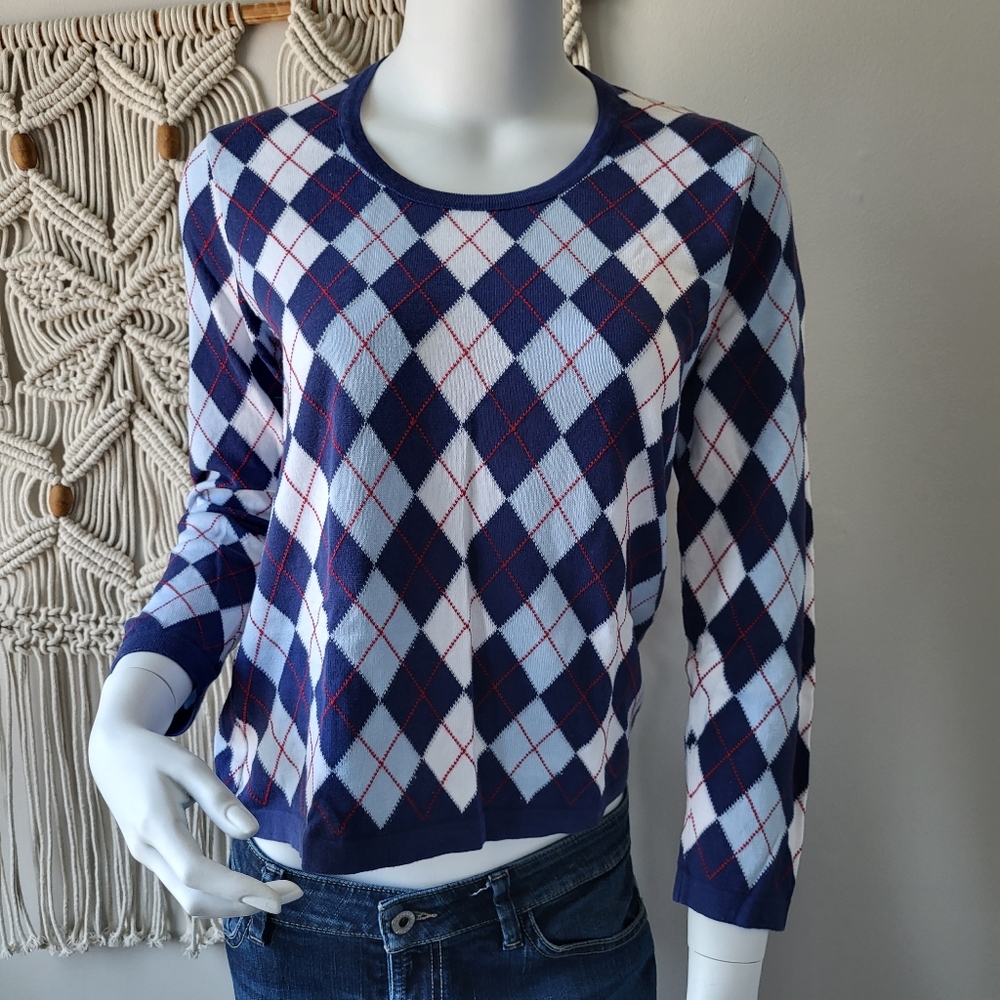 Aquascutum vintage lightweight long sleeve round neckline argyle sweater Sz S